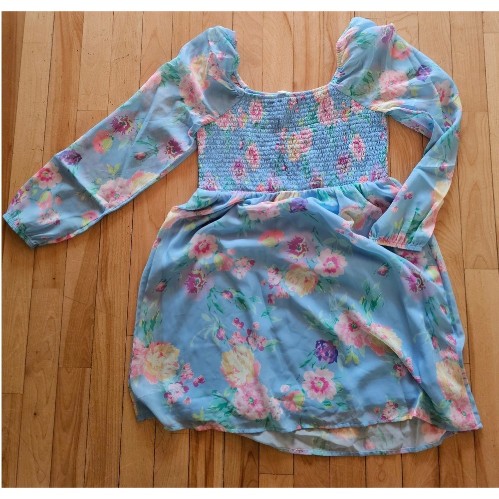 Sugar & Jade Girls Daybreak Blue Floral Smocked Long Sleeve Mini Dress XL 16/18
